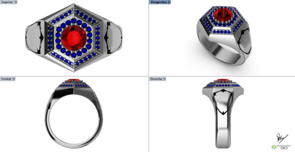 Anillo Hexagonal con gemas y escudo para grabado en formato stl y obj - Image 14