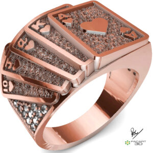 Anillo cartas de poker en oro rojo con brillantes y texturizado. pacart3d.com