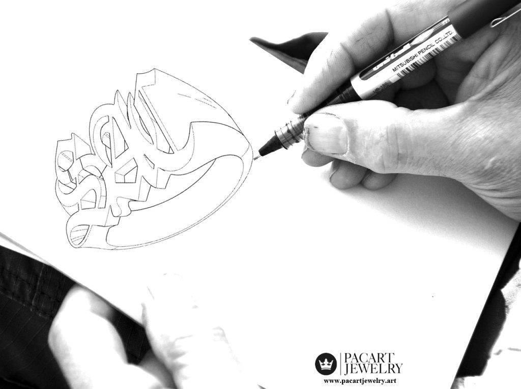 Dibujo de anillo de sello de 3 iniciales www.pacartjewelry.art