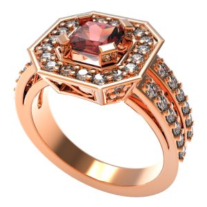 Anillo Nuevo de Compromiso oro Rosado gema 5x5 y brillantes con Granate www.pacart3d.com