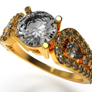 Anillo de Compromiso con Gemas a sus costados pera y redondas oro amarillo www.pacart3d.com