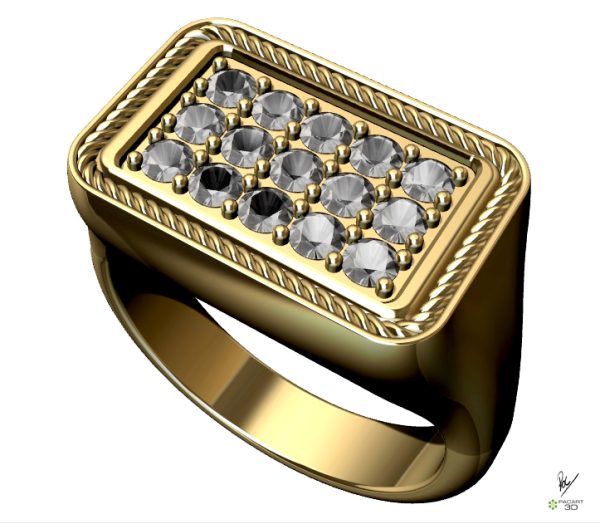 Anillo rectangular oro amarillo con brillantes www.pacart3d.com